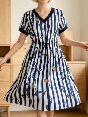 🐳🐳91.4% mulberry silk, Striped Navy & White V-Neck Midi Silk Dress